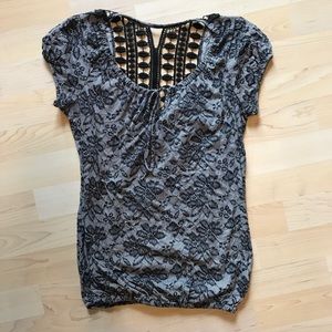 Vintage Lace Printed Short Sleeve Blouse